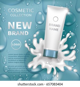 Realistic tube with creamy lotion splash. Blue background with transparent drops of water. Cosmetic mockup design. Vector illustration.