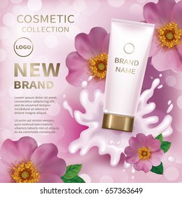 Realistic tube with creamy lotion splash. Background with pink flower of a dogrose. Cosmetic mockup design. Vector illustration.