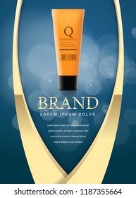 Realistic tube of golden color. Design of cosmetics advertising. Background with blur and Bokeh. vector illustration.