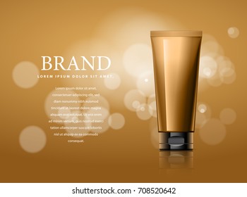 Realistic tube of golden color. Design of cosmetics advertising. Background with blur and Bokeh. vector illustration.