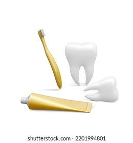 Realistic tube mockup toothpaste, white teeth and toothbrush. Vector illustration