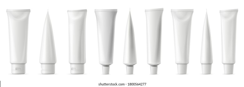 Broma de tubo realista. Tuba de plástico blanco para pasta de dientes, crema, gel y champú. Modelación en blanco de los vectores frontal y lateral de la vista. Plantilla para la medicina o el conjunto de ilustraciones cosméticas