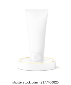 Realistic tube on round podium with gold frame. Vector illustration isolated on white background. Great for the presentation of your product for e-commerce. EPS10.