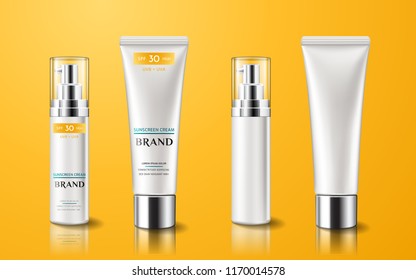 Realistic tube with sunscreen cream. Set of isolated 3d containers with lotion for skin care or treatment. Branding and packaging, advertising of gel for suntan and sun protection.