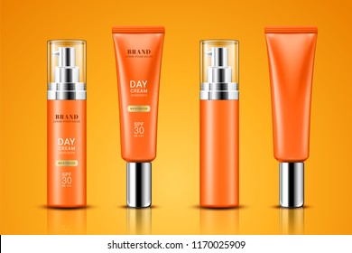 Realistic tube with sunscreen cream. Set of isolated 3d containers with lotion for skin care or treatment. Branding and packaging, advertising of gel for suntan and sun protection.