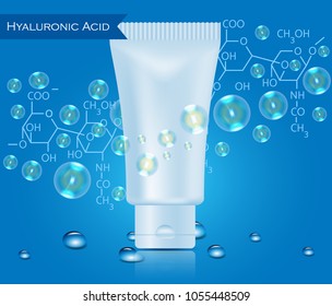 Realistic tube with water drops and bubbles on blue background. Hualuronic acid chemical formula. Mousturizer essence bottle vector illustration. Used for web banner, medicine advertising poster.