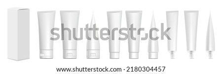 Realistic tubes with box. White plastic tubes for toothpaste, cream, gel and shampoo. Blank packaging front and side view vector mock up. Template for medicine or cosmetics set illustration