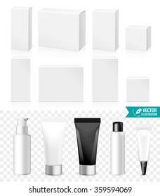 Realistic Tubes And Boxes. Packing White Cosmetics Or Medicines products Isolated On White Background. You Can Use It For Tube Of Creams, Shampoo, Gel, Ointments Or Any Other Product for you design