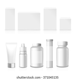 Realistic Tubes, Jar  And Package. Packing White Cosmetics And Medicines Isolated On White Background. You Can Use It For Tube Of Creams, Medication, Chemical, Gel,  Ointments Or Any Other Product