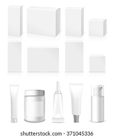 Realistic Tubes, Jar  And Package. Packing White Cosmetics And Medicines Isolated On White Background. You Can Use It For Tube Of Creams, Medication, Chemical, Gel,  Ointments Or Any Other Product