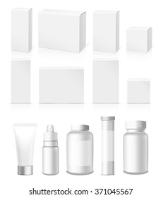 Realistic Tubes, Jar  And Package. Packing White Cosmetics And Medicines Isolated On White Background. You Can Use It For Tube Of Creams, Medication, Chemical, Gel,  Ointments Or Any Other Product