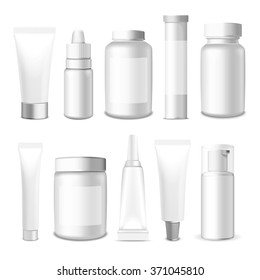 Realistic Tubes, Jar And Package. Packing White Cosmetics And Medicines Isolated On White Background. You Can Use It For Tube Of Creams, Medication, Chemical, Gel,  Ointments Or Any Other Product 