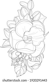 Realistic tulip, iris and roses flower bouquet with leafs sketch template. Graphic vector illustration in black and white for games, background, pattern, decor. Coloring paper, page, story book, print