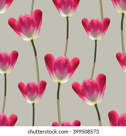 Realistic tulips vector seamless pattern, Repeating surface pattern with beautiful realistic 3D vector tulips for all web and print purposes.