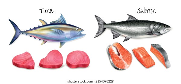 Realistic tuna salmon steak icon set whole carcasses of two kinds of fish and raw fish pieces vector illustration