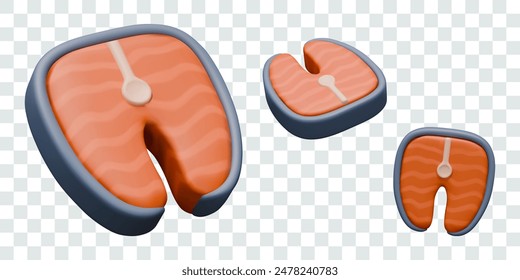 Realistic tuna steak in different positions. Colored piece of salmon