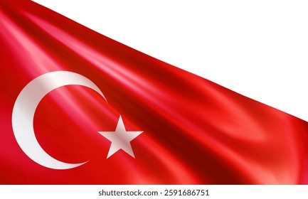 Realistic Turkish flag. Wavy national flag of the Republic of Turkey isolated on white background. Patriotic symbol country for celebration Victory day. 3d vector illustration