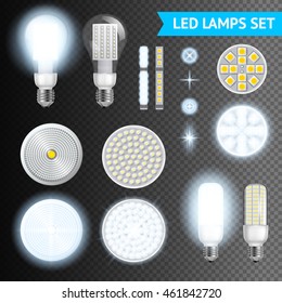 Realistic turned on and off led lamps and lights effects of different size and shape set isolated on transparent background realistic vector illustration