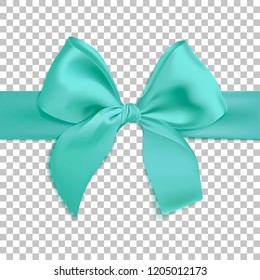 Realistic turquoise bow isolated on transparent background. Template for brochure or greeting card. Vector illustration.