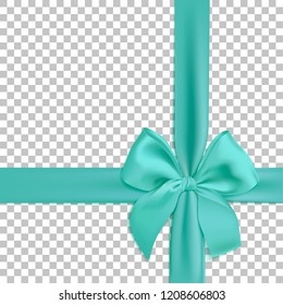 Realistic turquoise bow and ribbon isolated on transparent background. Template for brochure or greeting card. Vector illustration.
