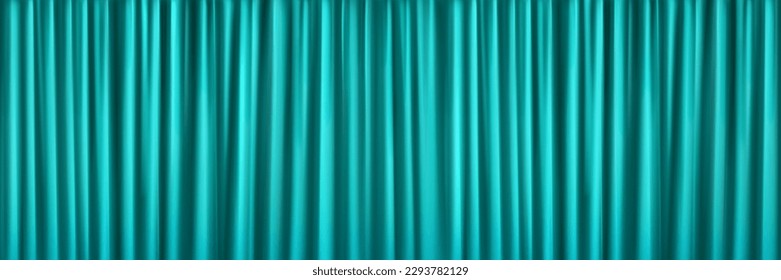 Realistic turquoise curtain background. Vector illustration of silk fabric texture with smooth wavy surface, drapery folds. Home interior design element, stage decoration. Luxury aqua color cloth