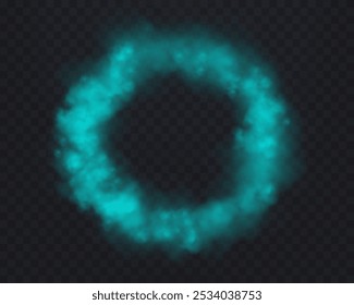 Realistic turquoise smoke circle or haze on a transparent background. Magic fog, vapor. Vector illustration.