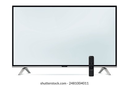 Realistic tv blank screen with remote control isolated on white background.