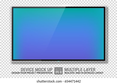 Realistic TV with Blue Screen Isolated. Modern LCD Panel, LED Display. Design Element for Catalog, Web as Mock up. Stylish Blank Television, Separate Groups and Layers. Easily Editable Vector.