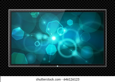 Realistic TV with Bokeh Screen Isolated. Modern LCD Panel, LED Display. Design Element for Catalog, Web, Video as Mock up. Stylish Television, Separate Groups and Layers. Easily Editable Vector.