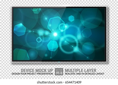 Realistic TV with Bokeh Screen Isolated. Modern LCD Panel, LED Display. Design Element for Catalog, Web as Mock up. Stylish Blank Television, Separate Groups and Layers. Easily Editable Vector.