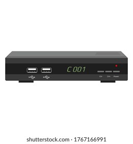 Dispositivo de control de televisión realista aislado en blanco. Receptor satelital con pantalla, puertos USB y botones de control. EPS vectorial 10.
