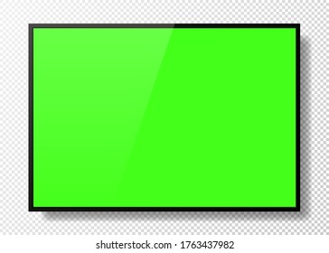 Realistic TV Green Screen On Transparent Background. Modern Stylish Panel. Large TV Monitor Display Mockup. Black Blank Television Template. Vector Illustration.