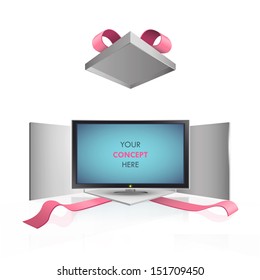 Realistic TV Inside Gift Box. Vector Design. 