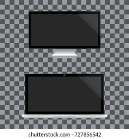 Realistic TV and notebook screen. Black monitor display on a transparent background. Vector illustration.