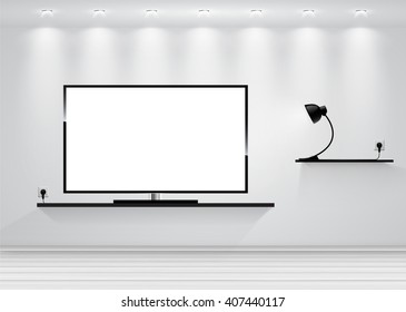 Realistic TV on shelf vector illustration. 