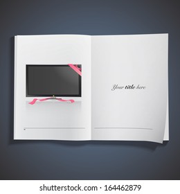 Realistic TV with red ribbons printed on book. Vector design 
