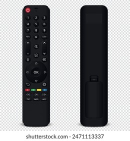 Realistic TV remote control front and back side isolated on transparent background