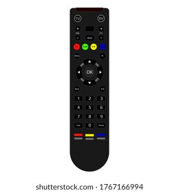 Realistic tv remote control isolated on white. Remote control with infrared signal and multi-colored buttons. Top view. Vector EPS 10.