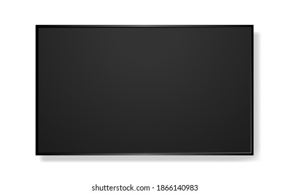Pantalla de televisión realista en blanco sobre fondo. Broma televisiva. Plantilla de monitor de equipo. Panel negro moderno. Gran pantalla de pared. Ilustración vectorial.