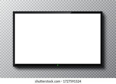 Pantalla de televisión realista. Fondo transparente vacío del marco de TV. Moderno y elegante monitor lcd, tipo led. Plantilla de televisión en blanco con pantalla blanca - vector de stock