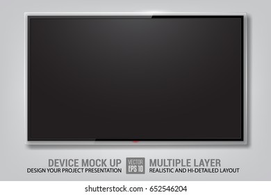 Realistic TV Screen Isolated. Modern Stylish LCD Panel, LED Display. Graphic Design Element for Catalog, Web as Mock up. Blank Television Template. Separate Groups and Layers. Easily Editable Vector.