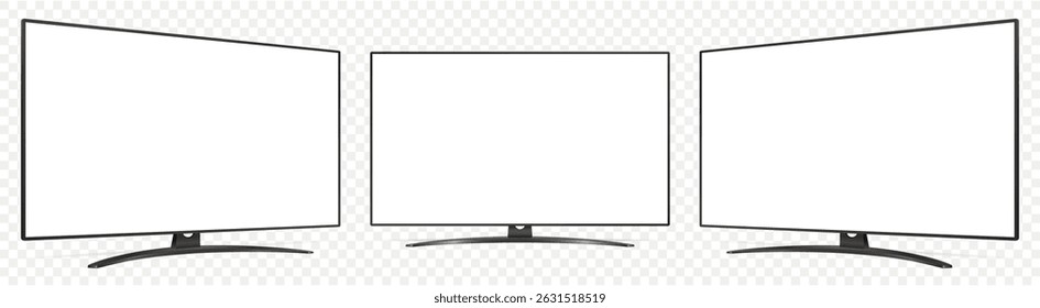 Maqueta realista de la pantalla de televisión. Exhibición de la televisión en tres lados con la pantalla en blanco aislada en fondo transparente
