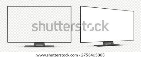 Realistic tv screen mockup, front and side view with white and empty screen on transparent background.