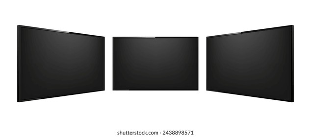 Pantalla de TV realista. Maqueta de pantalla de TV. Panel lcd moderno y elegante. Monitor. Plantilla de televisión en blanco. Ilustración vectorial.