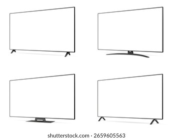 Maquetas realistas de la pantalla de la TV, sistema de la pantalla vacía de la televisión en visión angulada aislada en el fondo blanco