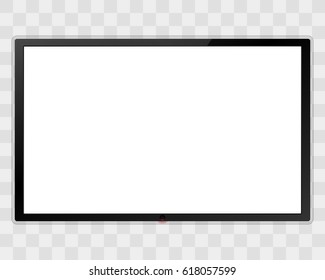 Realistic TV screen. Modern lcd wall panel, led type, isolated on transparent background. Large computer monitor display mockup. Blank television template. Graphic design element. Vector illustration