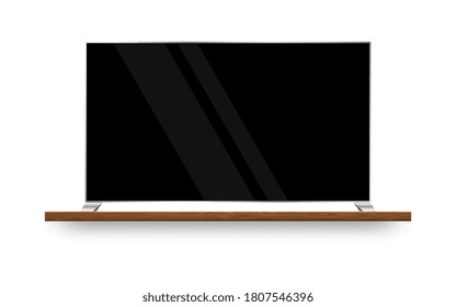 Realistic TV screen. Modern TV on wood shelf. Template for your design. Realistic vectorn illustration.