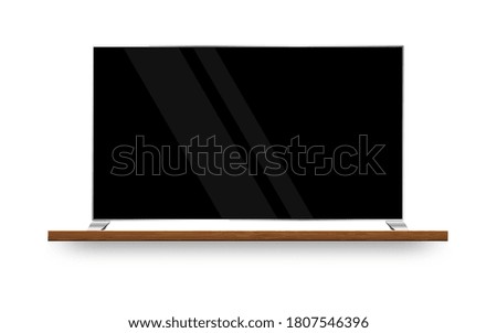 Realistic TV screen. Modern TV on wood shelf. Template for your design. Realistic vectorn illustration.