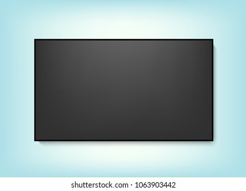 Realistic TV screen. Modern stylish lcd panel, led type. Large computer monitor display mockup. Blank television template. Graphic design element for catalog, web site, as mock up. Vector illustration