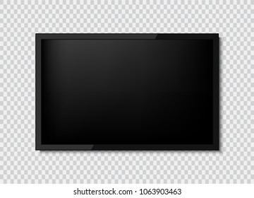 Realistic TV screen. Modern stylish lcd panel, led type. Large computer monitor display mockup. Blank television template. Graphic design element for catalog, web site, as mock up. Vector illustration